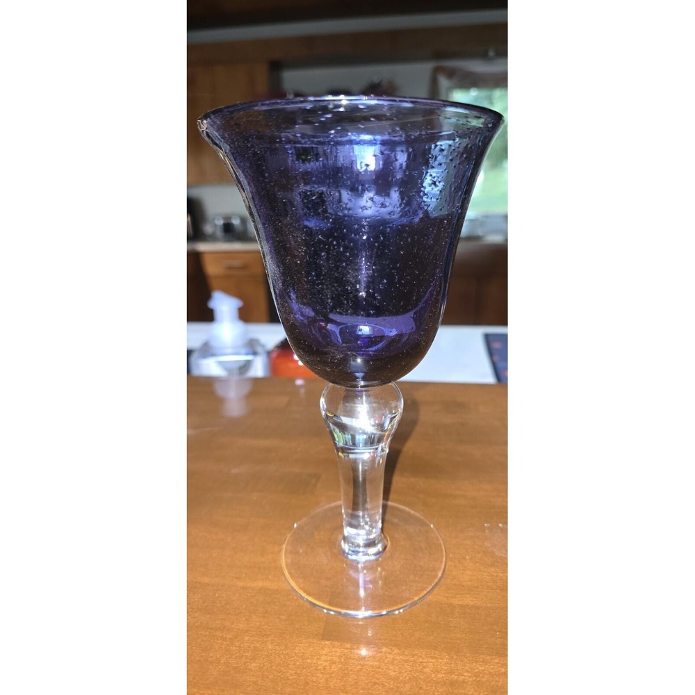 Artland Iris goblet with a vibrant purple seeded bubble glass bowl clear stem.